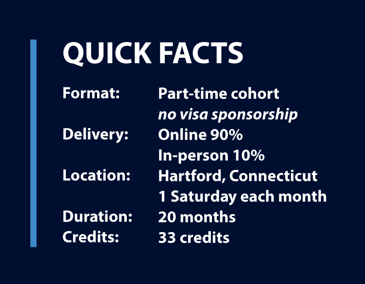 Quick facts: part-time, online/in-person in Hartford, 20 months, 33 credits